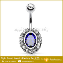 Blue Oval Cubic Zirconia Setting Clear Gems On Rims Surgical Steel Navel Belly Ring